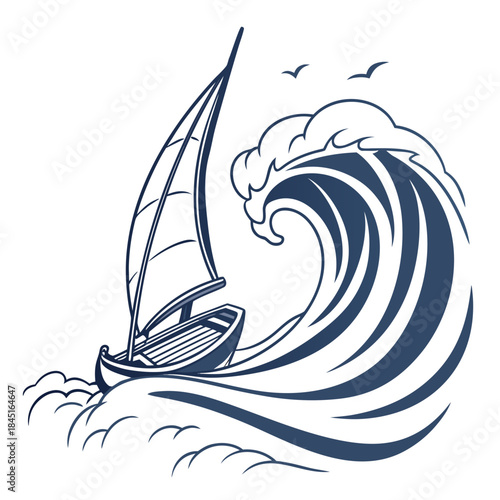 Sailboat Battling a Large Ocean Wave with Seagulls Flying Above sailing ship