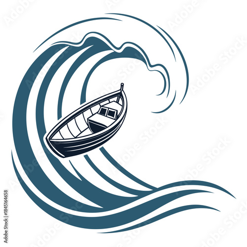 Small Boat Tossed by a Large Stylized Wave dinghy rowboat