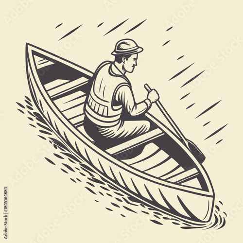 Man in Canoe Paddling on Water with Life Vest Illustration boat paddle