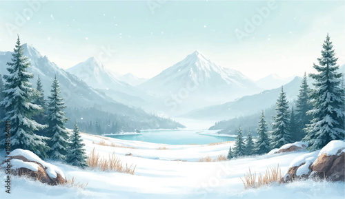 Pound in center of snowy landscape,Frozen winter landscape with mountains, forest, and ice-covered lake or river for ice skating. Beautiful wild nature in snowy weather.