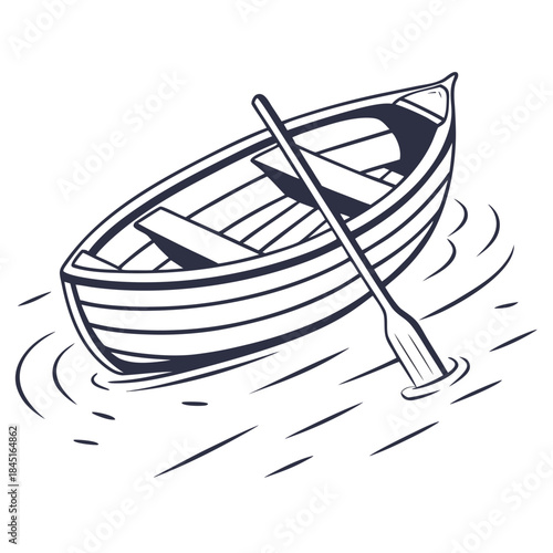 Rowboat with Oar Floating on Water Surface Line Art paddle