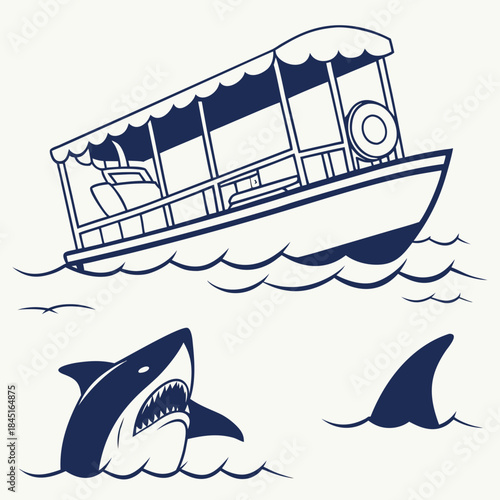 Tourist Boat and Shark Attack Scene Line Art ferry shark fin