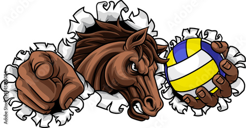 Horse mustang bronco stallion angry volleyball sports team mascot holding a ball.