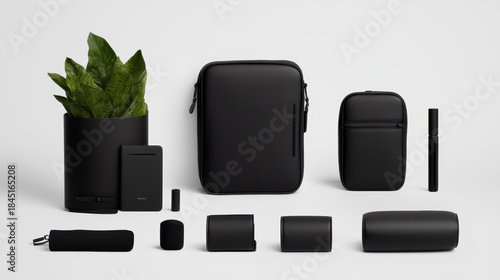 Elegant black accessories with lush greenery.
