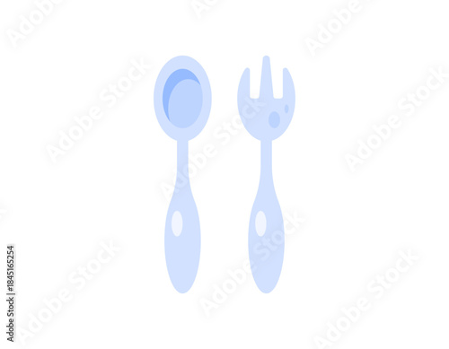 An illustration of a fork and spoon. Cutlery for scooping and spearing food. Cooking ware. Kitchen equipment. Objects or items. Flat design. Clip art or sticker. White background.