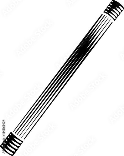 Black and white woodcut illustration of a magicians wand. Detailed engraving style artwork ideal for themes of illusion, stage magic, vintage design, mysticism, or traditional print art.