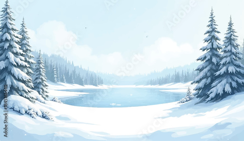 Pound in center of snowy landscape,Frozen winter landscape with mountains, forest, and ice-covered lake or river for ice skating. Beautiful wild nature in snowy weather.