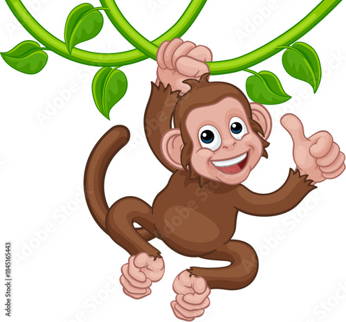 A monkey cartoon character singing on jungle vines and giving a thumbs up