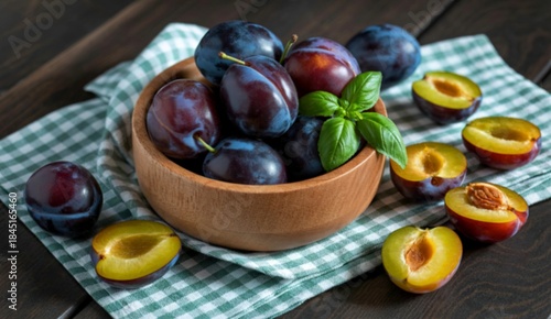 Fresh plums in a wooden bowl with sliced fruit