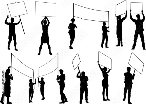 Protestors or demonstrators men and women. At a demonstration march, picketing line or strike protest rally in silhouette. Holding banners, picket signs and megaphone or mega phone.