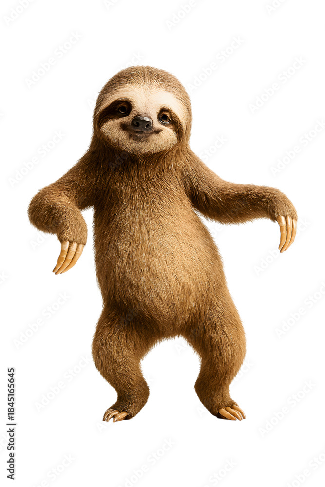 Naklejka premium An adorable sloth stands upright and smiles, posing cheerfully against a black background isolated on transparent background
