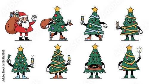 Funny Christmas Tree Characters and Santa Claus with Gifts and Sparklers