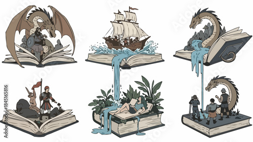 Fantasy Books Unfolding Adventures with Dragons, Ships, and Explorers