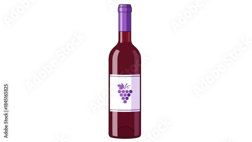 Vector Illustration of a Red Wine Bottle with a Grape Label on White Background