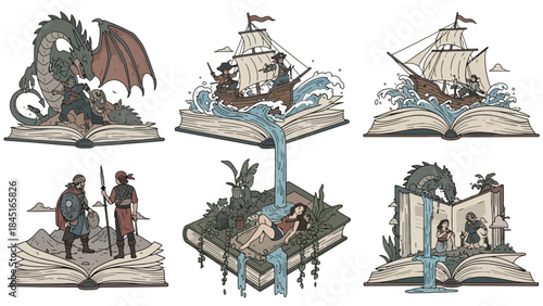 Open Books Transform into Fantasy Worlds with Dragons, Ships, and Warriors