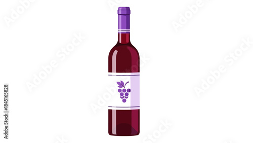 Elegant Red Wine Bottle with Grapes Label and Purple Cap on White Background