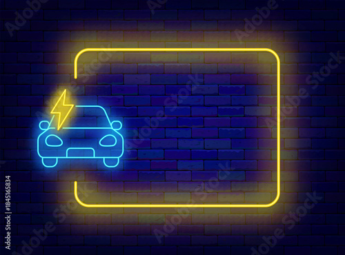 Car charge station neon invitation. Auto service. Alternative eco energy. Empty yellow frame and electric car. Copy space. Editable stroke. Vector stock illustration