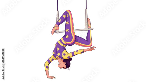 Acrobat Performer Gracefully Hanging Upside Down on Trapeze Apparatus