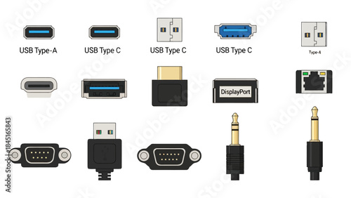 Collection of Various Electronic Ports and Connectors for Technology and Data Transfer