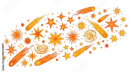 Cosmic Burst of Orange and Yellow Stars, Comets, and Swirls in Space