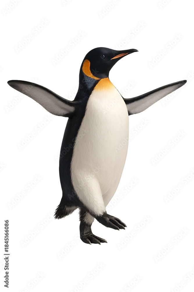 Fototapeta premium A majestic emperor penguin stands in a dynamic pose with flippers outstretched isolated on transparent background
