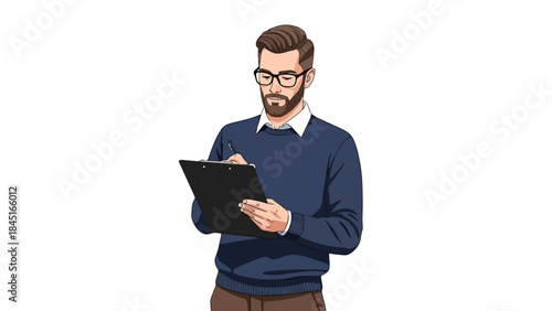 Man with Glasses and Beard Writing on Clipboard, Professional Business Illustration