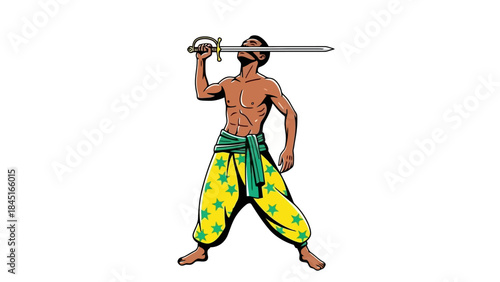 Man Performing Dangerous Sword Swallowing Stunt with Sword in Mouth and Pants