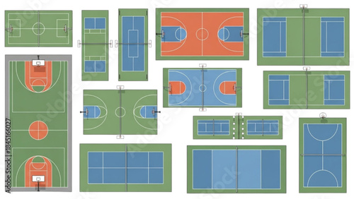 Comprehensive vector collection of diverse athletic fields and courts from an overhead perspective, illustrating various sports layouts