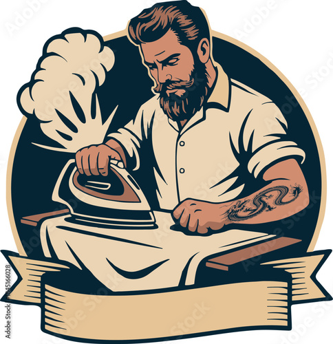 Retro Style Bearded Man Ironing Shirt Vector Badge Illustration with Ribbon for T-shirt Design