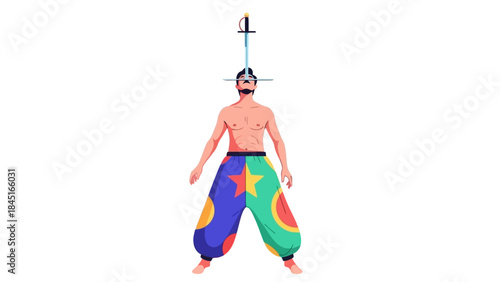 Shirtless Man Balancing Sword on Face in Colorful Pants, Performance Art