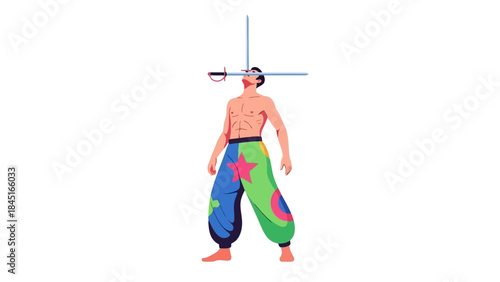 Shirtless Performer Balances Swords on Face in Vibrant Performance Costume