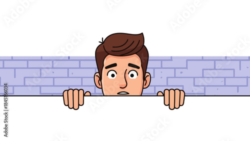 Surprised Man Peeking Over White Behind a Brick Wall