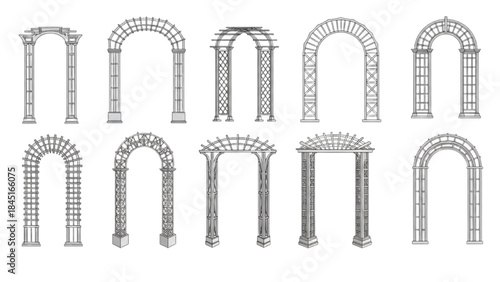 Collection of decorative garden arches and pergolas in a variety of styles