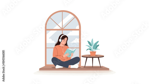 Woman Relaxing Indoors Reading Book and Listening to Music by Window