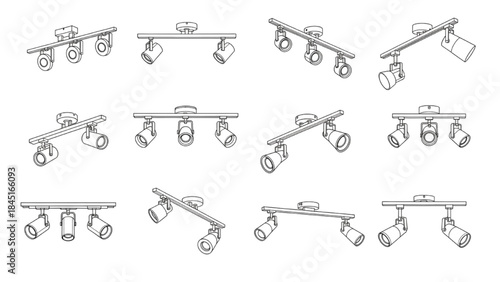 Diverse vector line art illustrations of modern track lighting fixtures with adjustable spotlights, ideal for architectural interior design projects