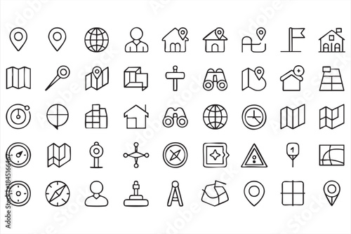 Map and Geolocation Line Icons for Travel and Routing Apps
