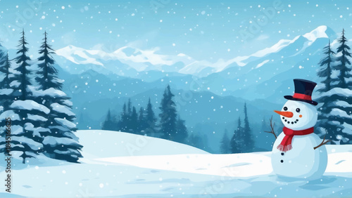 A cheerful snowman wearing a red hat and scarf stands in a vast snowy landscape with falling snow under a bright sky.Happy new year greeting card with copy-space.Happy snowman standing in winter lands