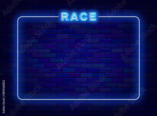 Race neon announcement. Auto championship. Moto rally invitation. Empty blue frame on brick wall. Racing and drift show. Minimal banner. Copy space. Vector stock illustration