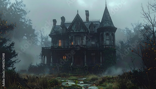 Gloomy, gothic house; fog shrouded, overgrown garden. A spooky autumn scene