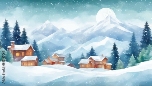 3D cozy isometric wooden cabins on snowy landscape,Cozy wooden cabins sit blanketed in snow under majestic snow-capped mountains. Pine trees covered in white powder surround tranquil village.