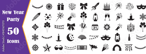 New Year Party Celebration Black Icons Set