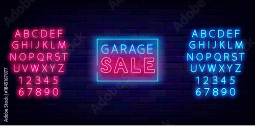 Garage sale neon label. Domestic shopping, special offer. Glowing blue and pink alphabet. Marketing emblem. Shiny banner. Vector stock illustration