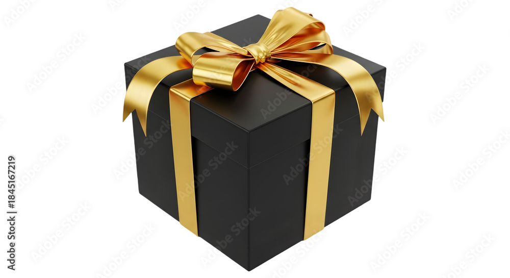 Obraz premium A black gift box with a gold ribbon tied in a bow