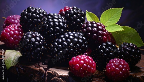Glossy blackberries and raspberries with green leaves atop a dark, textured surface, creating rich color contrast
