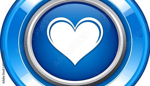 Glossy blue button icon with a white heart shape in the center and silver ring detail