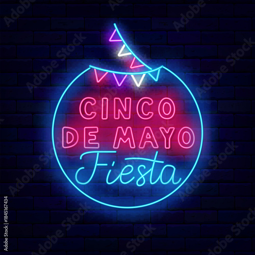 Cinco de Mayo fiesta neon signboard. Glowing advertising. Bright lettering. Mexican traditional holiday in May. Garland icon in circle frame. Light invitation. Vector stock illustration