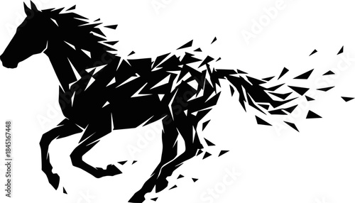 Shattered Galloping Horse Silhouette Vector. Abstract Fragmented Black Geometric Speed Lines Isolated on White for 2026 Year of the Horse