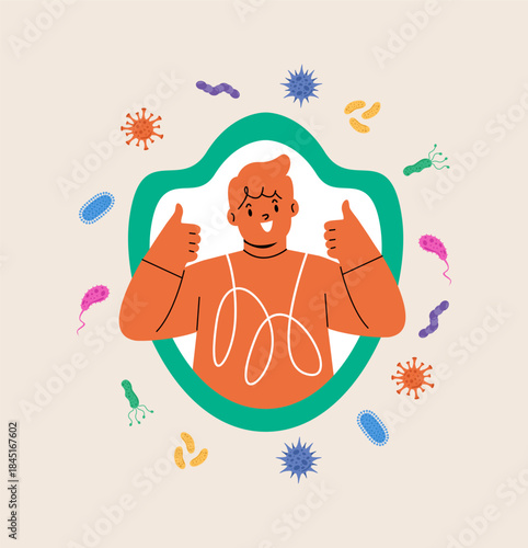 Boy is protected from infection, viruses, germs by an immunity shield. Colorful vector illustration