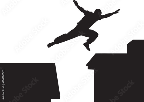 Dynamic bold black vector silhouettes of an athlete (traceur) mid-air, leaping across a perilous gap, between city buildings or a chasm. Ideal for extreme sports, challenge, freedom, and action.