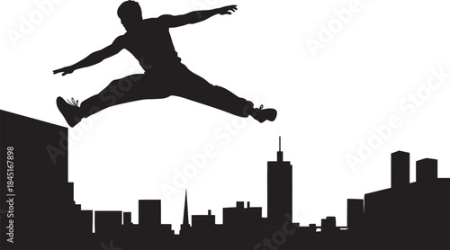 Parkour Silhouette Vector: Dynamic graphic of an athlete free-running, jumping between rooftops above a city skyline. Perfect for fitness, extreme sports, and urban design projects.